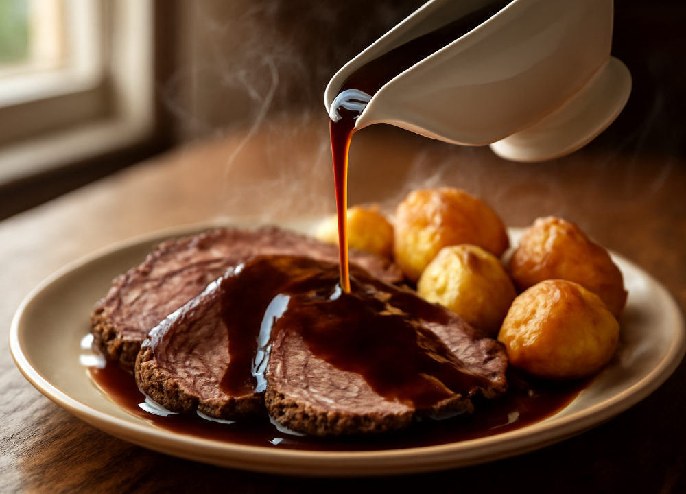 A gravy boat pouring over a roast dinner